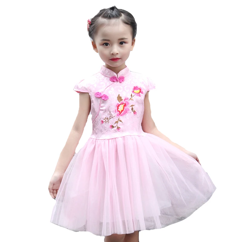 

Kids Dresses For Girls Embroidered Flowers Girls Wedding Party Dress Cotton Short Sleeve Girls Qipao Summer Children Cheongsam