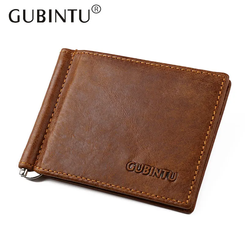 

GUBINTU Famous Brand Men's Money Clip Vintage Genuine Cowhide Leather Portfolio Men Wallets Open Clamp For Money Card Pocket