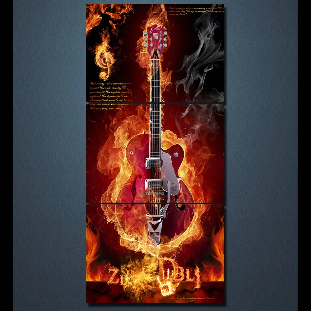 3 Piece HD Printed Burning Flame Fire Music Guitar Wall Pictures For Living Room Game Posters And Prints Quadros Decorativos | Дом и сад
