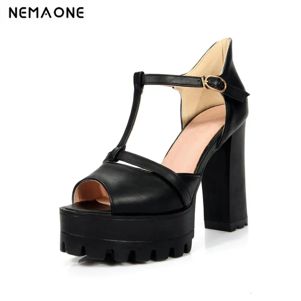 

High quality Women High heel sandals Platform shoes Big size32-43 Party T-tied Cutouts Beige White Black Thick heels