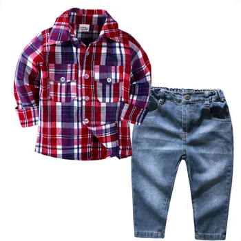 

Boys plaid shirt and jeans suit children long sleeve shirt and trousers two piece suit boutique kids clothing boys clothing