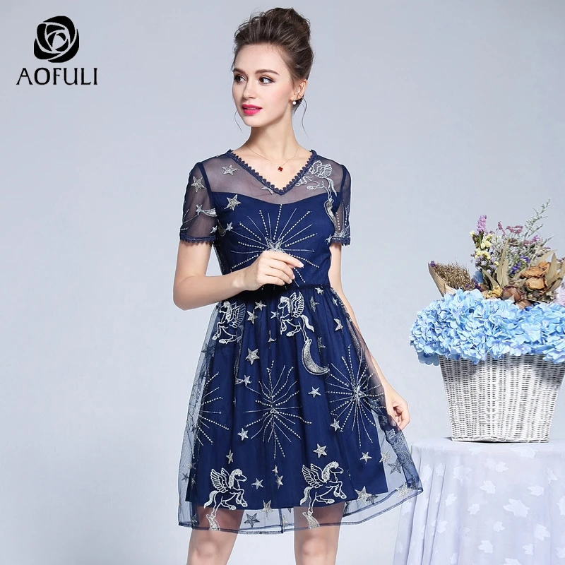 AOFULI L- XXXL 4XL 5XL Sexy Short Party Dress Summer Women Plus Size Embroidery Tulle Dress Pleated Sundress For Dinner 09511