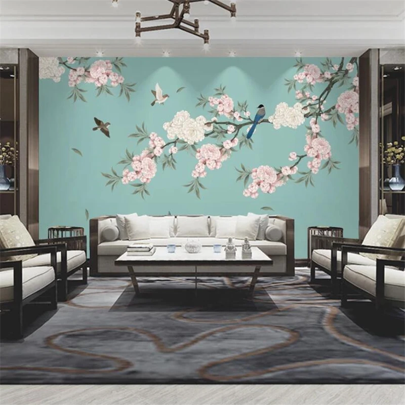 

beibehang Custom wallpaper 3d mural plum blossom peach new Chinese hand-painted pen flower bird living room background wallpaper