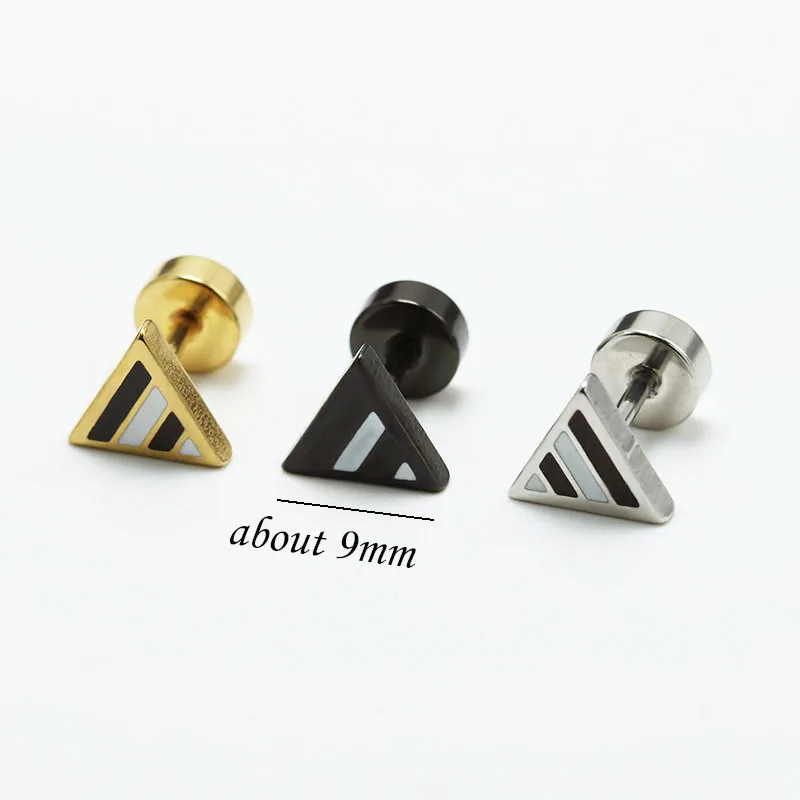 1Pair Fashion Punk Men's Stud Earrings Triangle  Ear Studs Oil Drip Stripes Titanium Steel Anti-allergic Piercing Jewelry New2