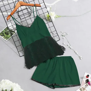 

Fashion Comfortable Four Seasons Women's Sexy Pijamas Para As Mulheres Lace Trim Spaghetti Straps Sleepwear Lingerie Pajama Set