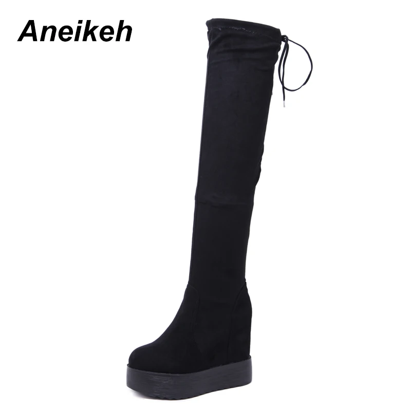

Aneikeh 2018 New Arrival Women Wedges Shoes Knee-High Boots Lacing Increasing High Heels Casual Shoes Platform Autumn Boots