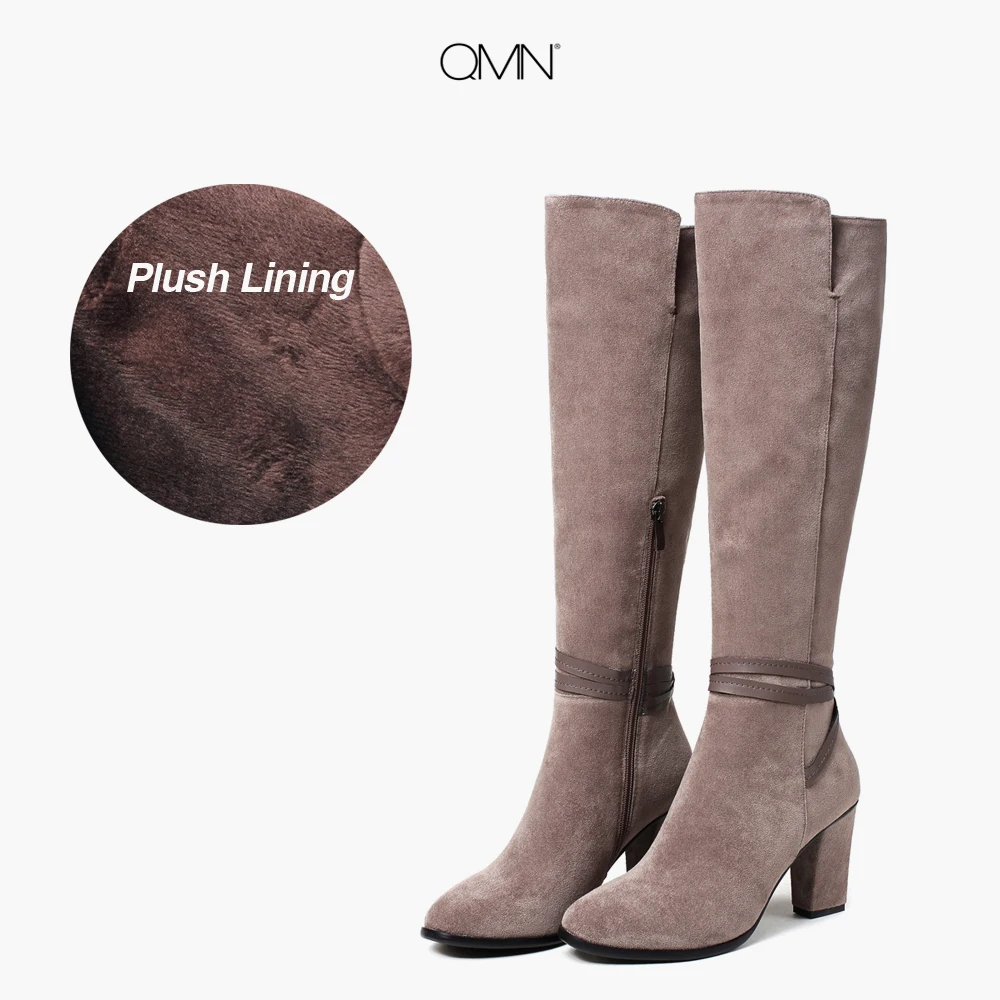 

QMN women genuine leather riding boots Women Natural Suede Knee High Boots Shoes Woman High Heel Warm Winter Boots Botas 34-40