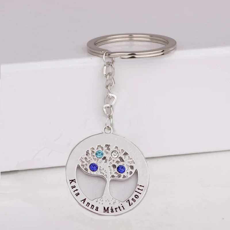 

Real White Gold Plated Tree Key Chain Custom Any Names & Birthstones Gift for Family YP3057