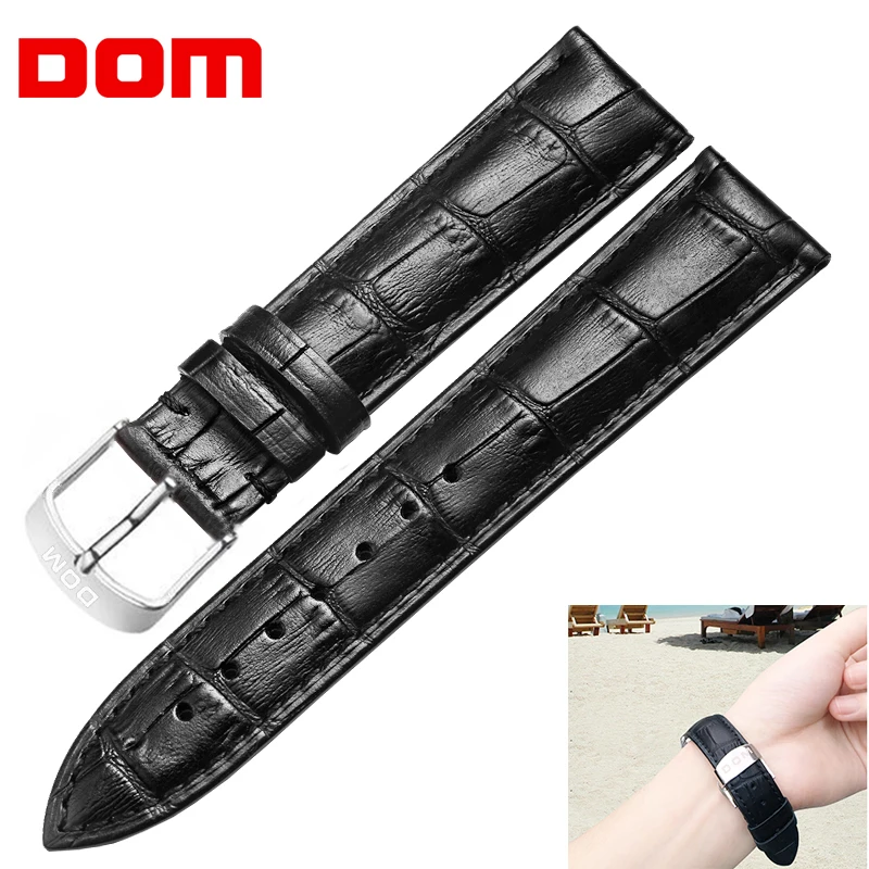 DOM New Watch Strap Genuine Leather Women Men Unisex High Quality Brown Black Waterproof  Buckle 20mm Wristwatch Band Bracelet 