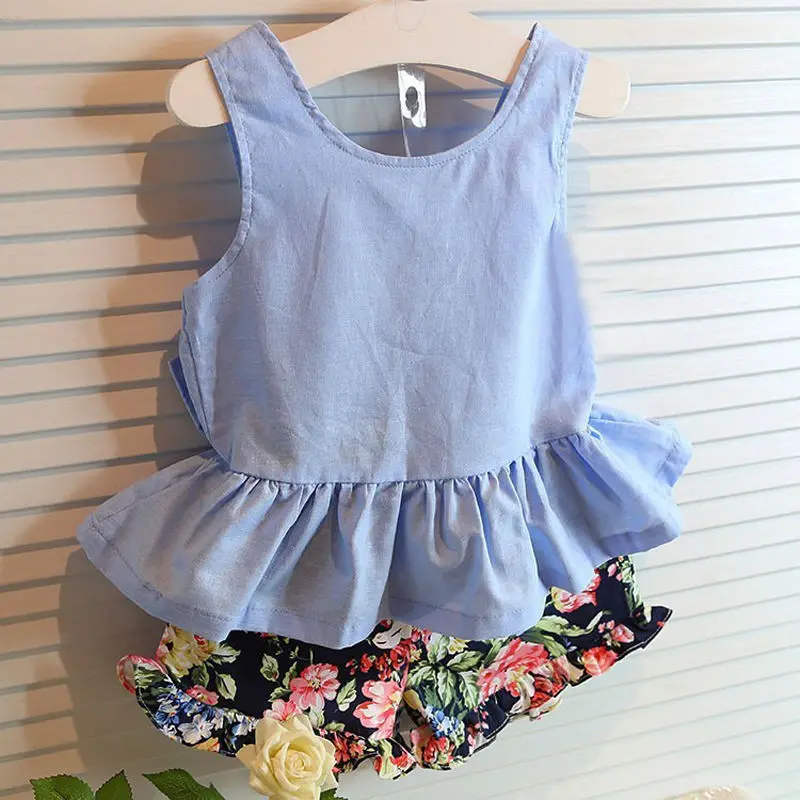 

Baby Children Girls Kids Clothing 2pcs Sets LOVELY Bow knot Flower Sleeveless Vest T-shirt Tops Vest + Shorts Pants Outfit Girl
