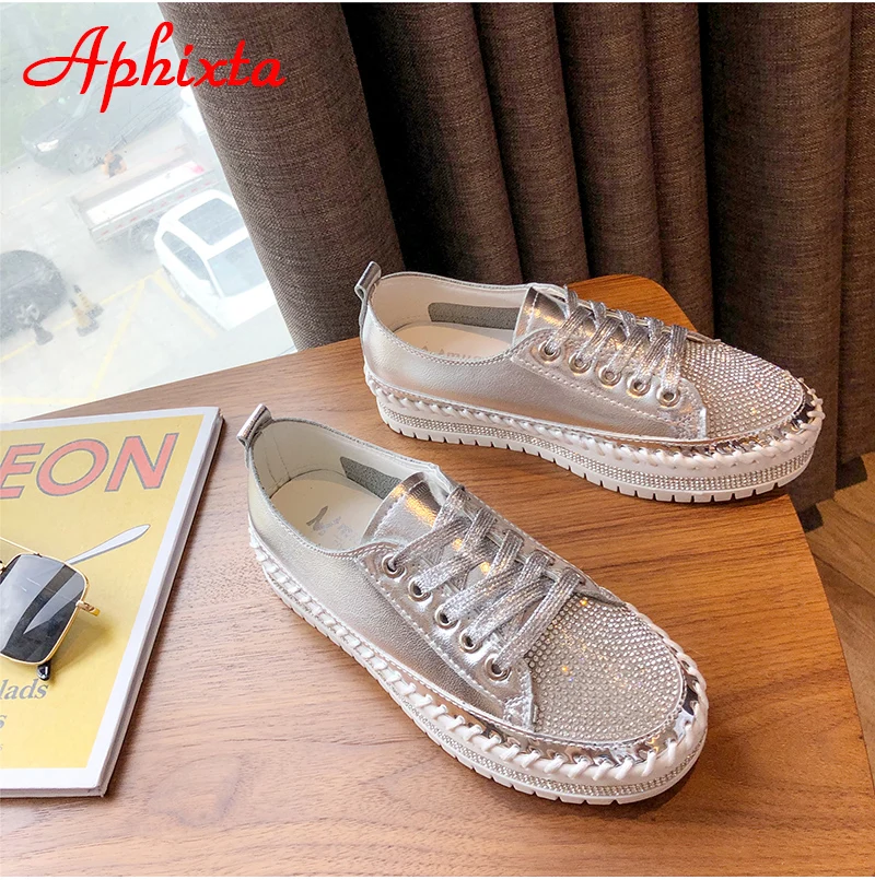 Aphixta Loafers Shoes Women Luxury Silver Crystal Lace-up Platform Shoes Woman Sequined Cloth Bling Crysta Black Flat Heels Shoe