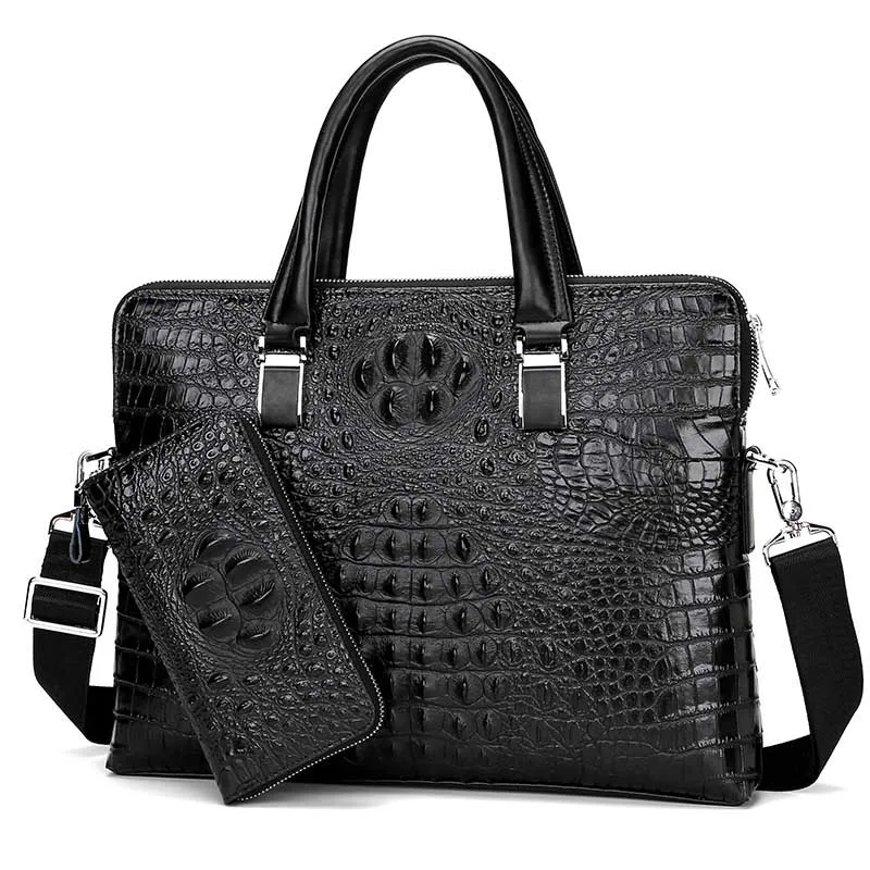Роскошный бренд, крокодиловый узор, настоящая воловья кожа, синяя сумка для ноутбука, 15 дюймов, коричневый, портативный, Черный Портфель, новая мода, горячая распродажа - Цвет: black-2