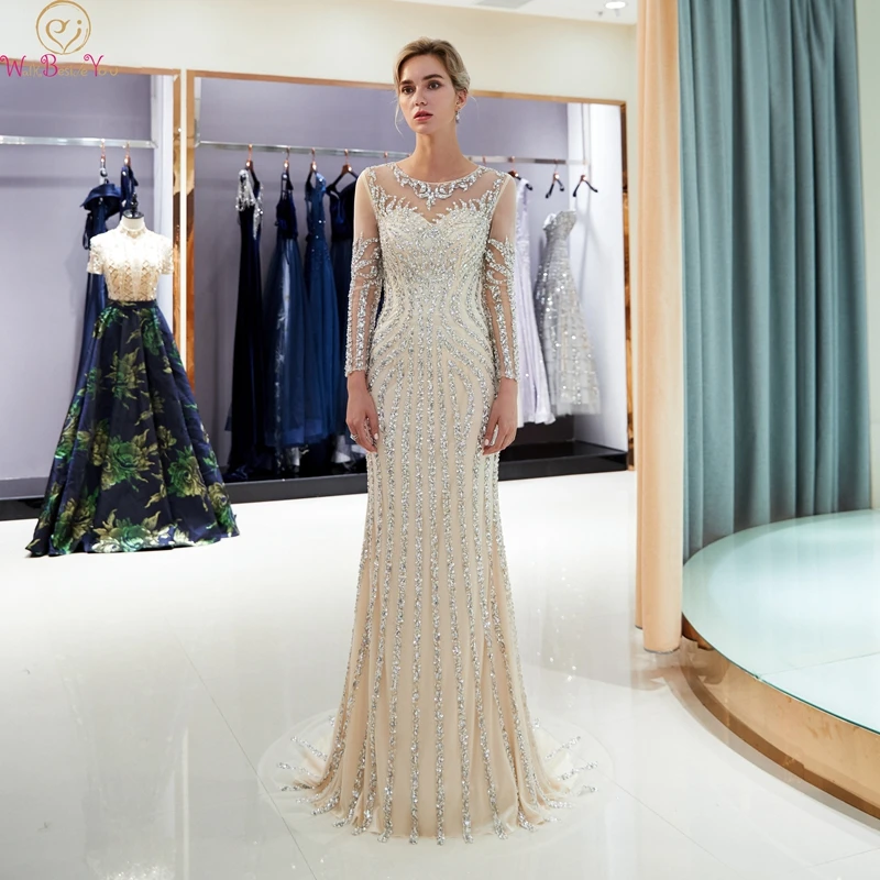 

Gold Evening Dress Beaded Sequined Mermaid Style Sexy Three Quarter Sleeves O-neck Sweep Train Elastic Satin Elegant Prom Gown