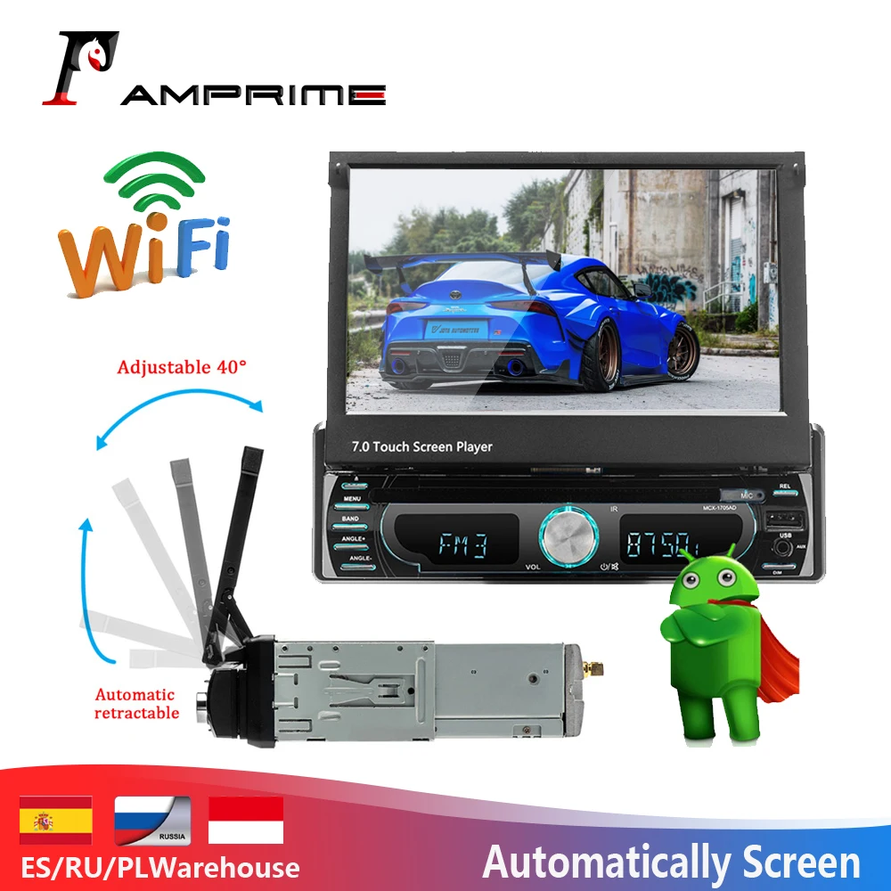 

AMPrime 1Din Car radio Android 7" Automatic Retractable Multimedia MP5 Player Quad-core GPS Navigation WiFi 3G AM FM RDS Radio