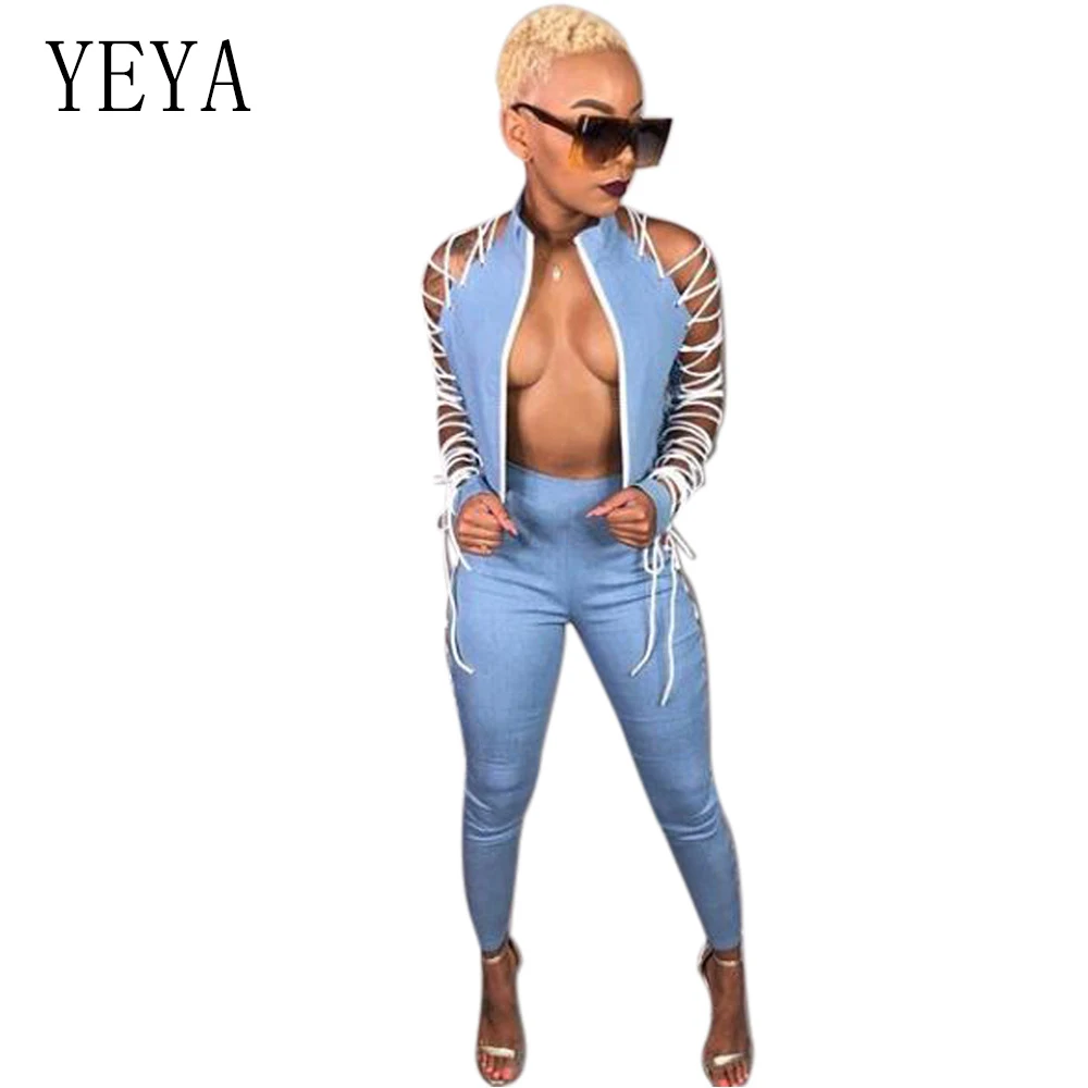 YEYA 2 Piece Set Lace Up Bandage Jumpsuit Stand Neck Zipper Hollow Out Bodycon Romper Sexy Party Club Wear Long Sleeve Overalls