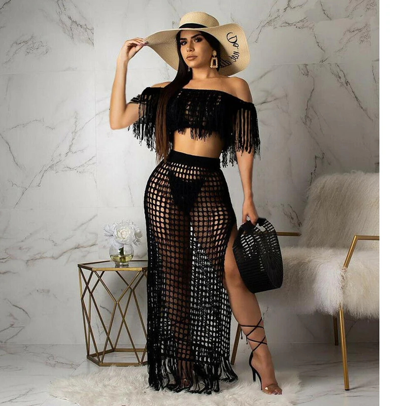 Two Piece Sets Beach Wear Cover-Ups Women Crochet Hollow Out Tassel Off Shoulder Crop Tops and Skirt Sets Slit Beach Maxi Skirts - Цвет: Черный