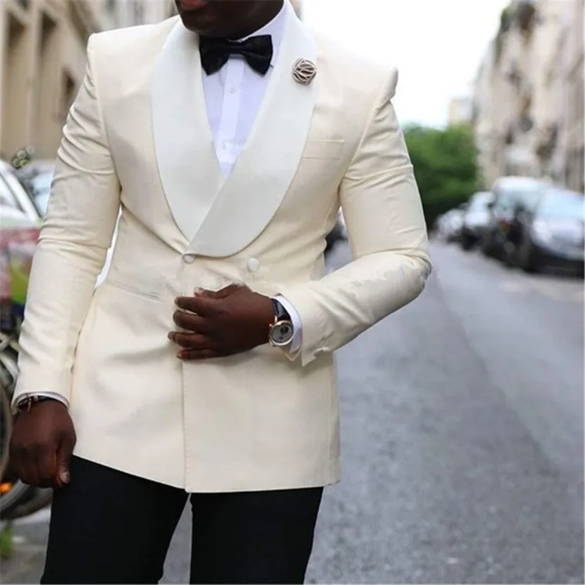 

Latest Coat Pant Designs Double Breasted Groom Tuxedos Shawl Lapel Ivory Best Man Men Suits Wedding Suits ( Jacket+Pants)