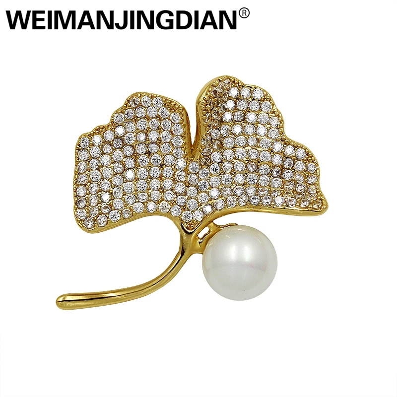 

WEIMANJINGDIAN Brand Cubic Zirconia CZ Crystal and Shell Pearl Ginkgo Biloba Leaf Brooch Pins for Women