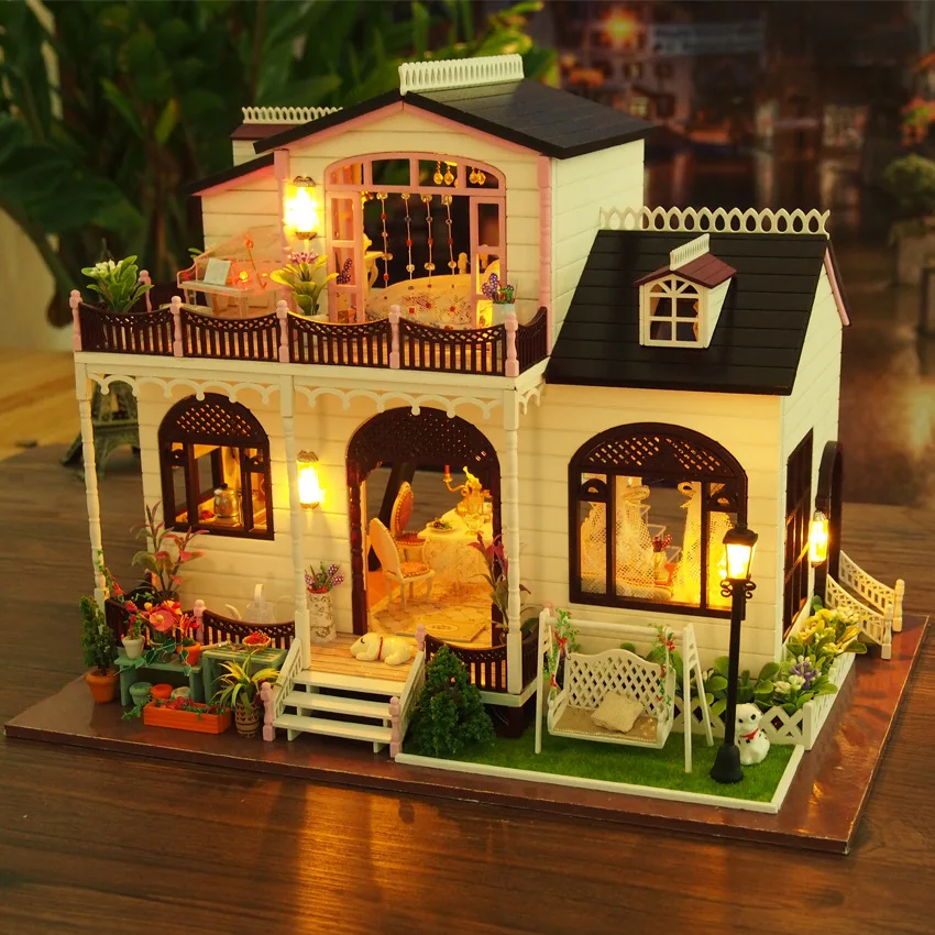 Большой размер DIY кукольный домик вилла деревянная Кукольный дом Миниатюрная модель здания мебель Каса де бонека