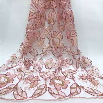 

Hot Sale 2019 high quality african tulle sequins lace fabric Wholesale sequins French net lace fabric for Nigeria wedding pink