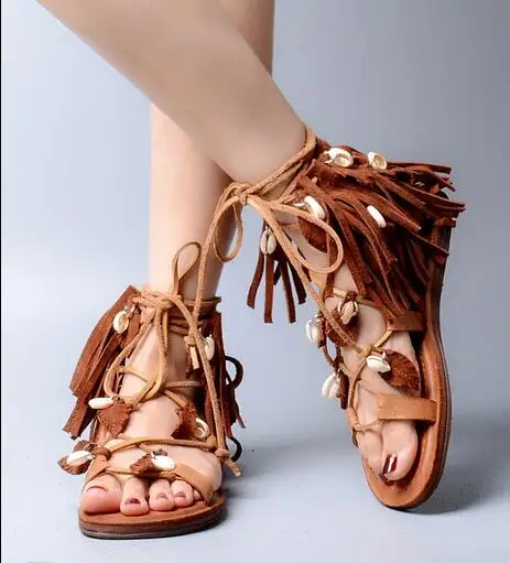 2017 Fringe Bohemia Shoes Woman Lace Up Cute Design Flats Summer Gladiator Sandals Women Cross Ties Sexy Botas Mujer Shoes 41