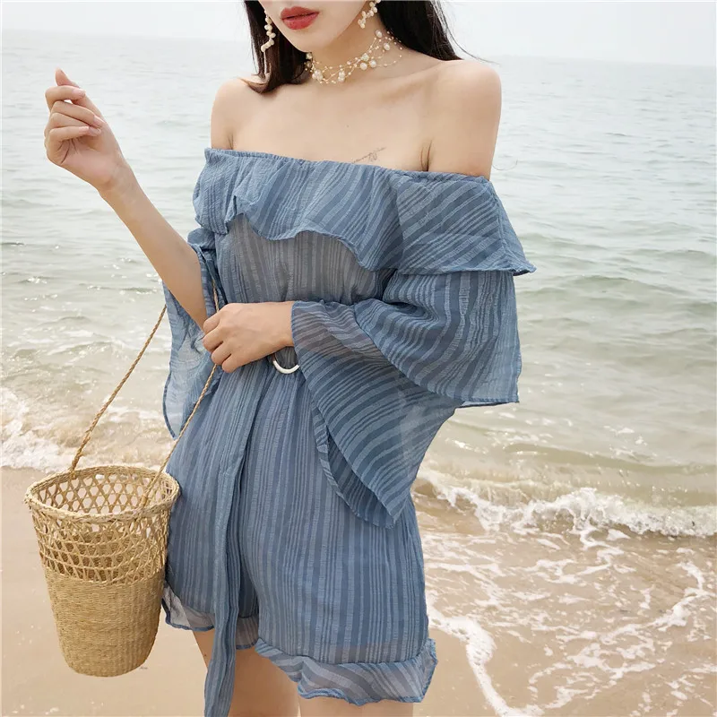 Perspective Temperament Chiffon Playsuits Summer Romper Loose Ruffles Off Shoulder Top Beach Vacation Solid Color Shorts | Женская