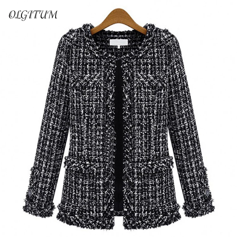 Autumn winter Hot women jacket Slim thin checkered Tweed coat Large size casual O-Neck Plaid Jacket with pocket loose outwear