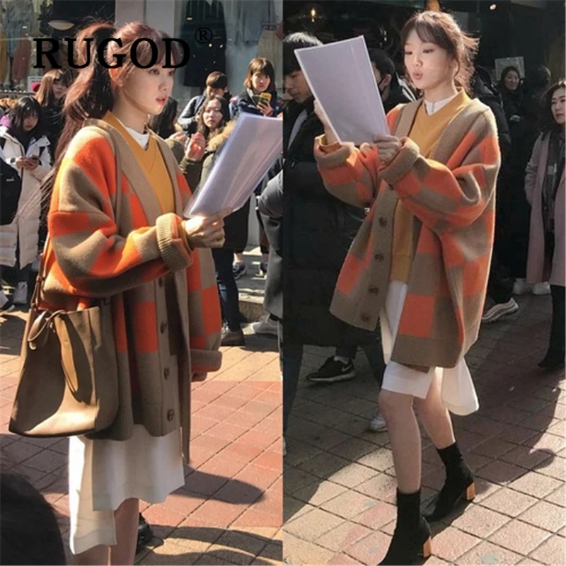 

RUGOD Ins Fashion plaid women cardigans Korean chic thicken loose female auturm ladies knitted cardigan feminino mujer invierno