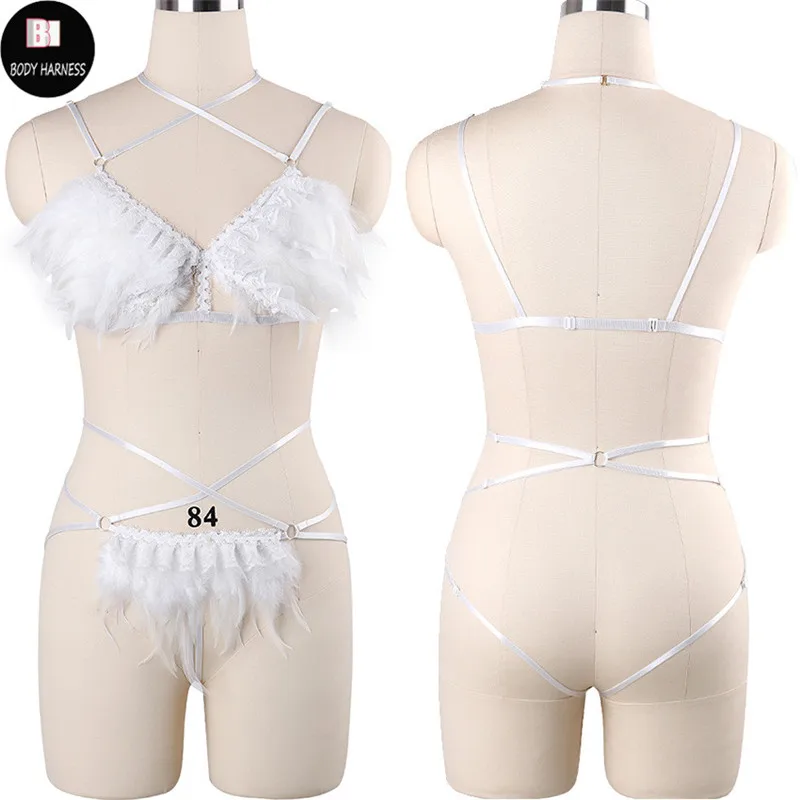

White Angel Feather Women Body Harness Set Pole Dance Sexy Lingerie Lace Crop Top Harness Bra And Feather G-string Bondage Set