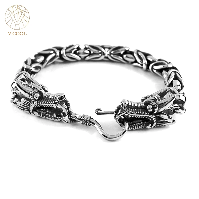 

Punk Retro Byzantine Bracelet Bangles Men Jewelry Stainless Steel Dragon Head Wrist Band Hand Chains links Male Bracelet VB642