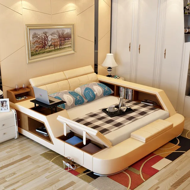 De cuero moderno queen size marco de la cama con almacenamiento