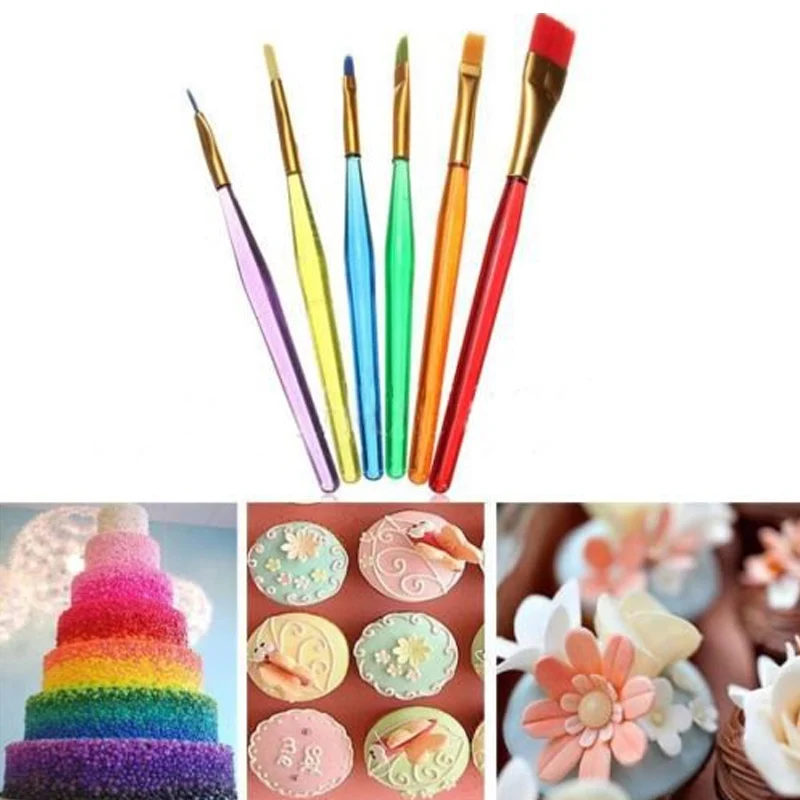 

6 Pcs/ Set Multi-color Candy Cake Icing Decor Paint Brushes Set Bakeware Kit Tools HVR88