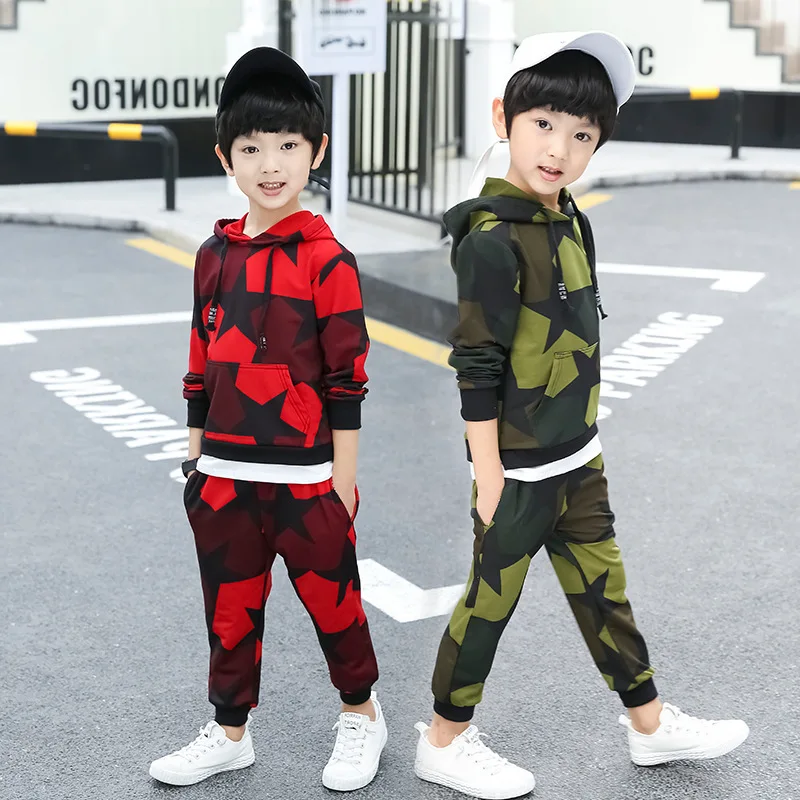 

Children's clothing spring and autumn set 2019 new cotton printed camouflage sweater + pants long-sleeved boy clothes