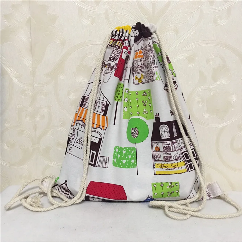 Cotton Blend Canvas Drawstring Backpack Book Shoes Bag Flower House Bird Tree S