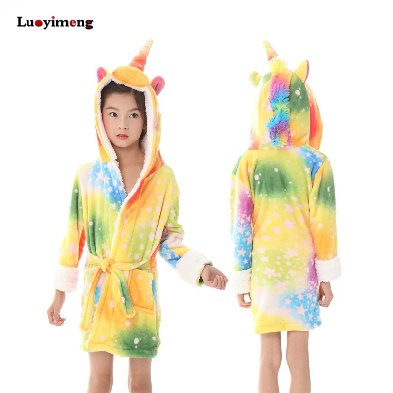 Boys Girls Rainbow Star Unicorn Hooded Robe Children's Fannel Cartoon Panda Baby Clothes Dressing Gown Kids Bathrobe Bath Towel