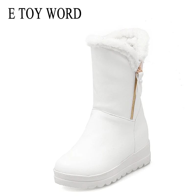 

E TOY WORD Women Snow boots Faux Fur Increased Heels warm fur inside white black PU leather boots Female Shoes Woman 34-43