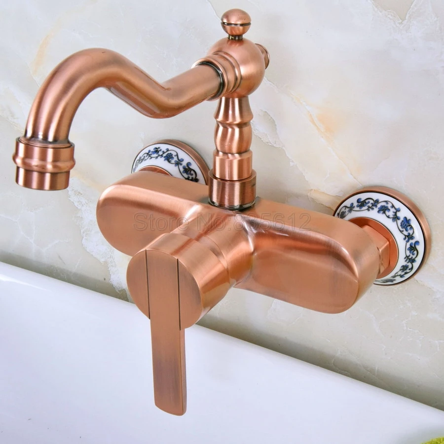 Antique Red Copper Wall Mounted Bathroom Sink Faucet