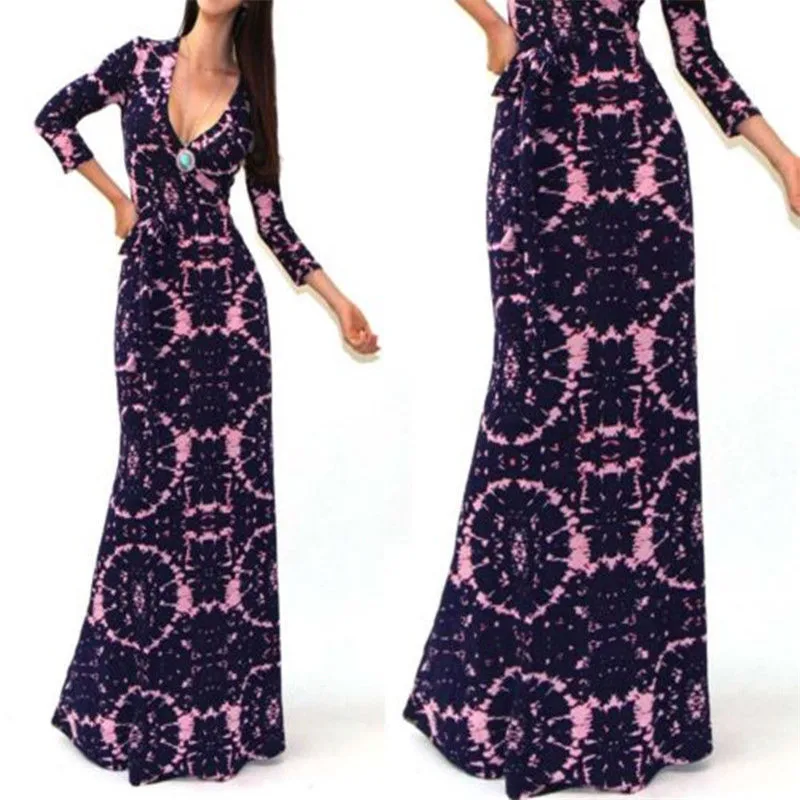 Buy New Fashion Summer Women Dress Casual Long Sleeve Deep V Neck Printing