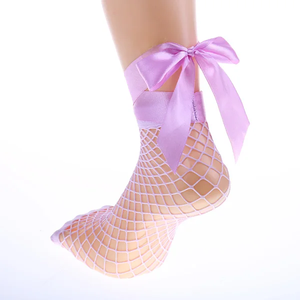 UNIKIWI/женские сетчатые Носки ярких цветов в стиле Харадзюку С фиолетовой лентой и бантом на шнуровке. Женские пикантные сетчатые носки с вырезами, носки для девочек - Цвет: 1 pair purple