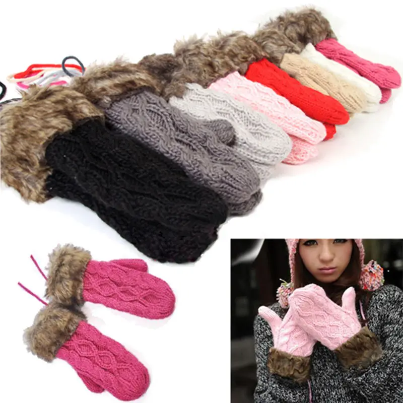 Одна пара женских зимних теплых вязаных перчаток теплые рукавицы перчатки для пальцев с завязками