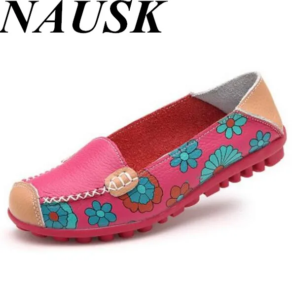 

2017 Cow Muscle Ballet Summer Flower Print Women Genuine Leather Shoes Woman Flat Flexible Nurse Peas Loafer Flats Appliques