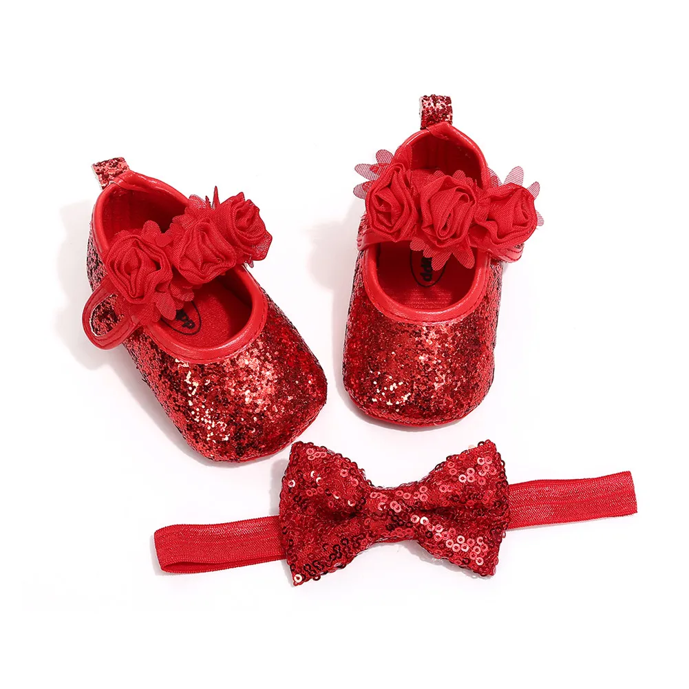 Прекрасный Младенец одежда для малышей для девочек из тюля с блестками туфли с цветочным принтом повязка с бантом Свадебная вечеринка шпаргалки Prewalkers Размеры 0-18 м - Цвет: Красный