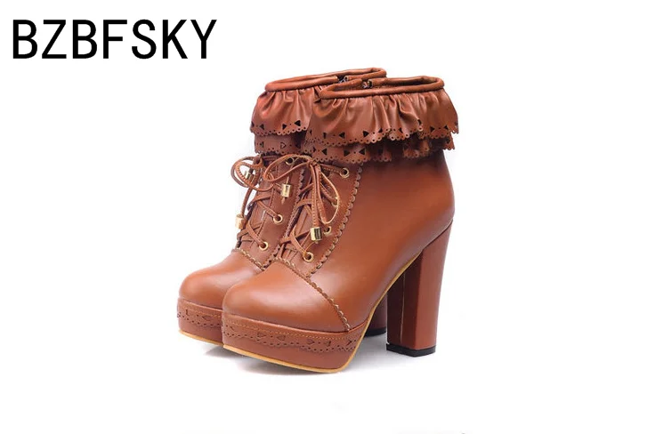 

Promotion Sweet Lolita Ankle boots The side of the lotus leaf Hollow out boots Waterproof High-heeled woman Short boots 34-43