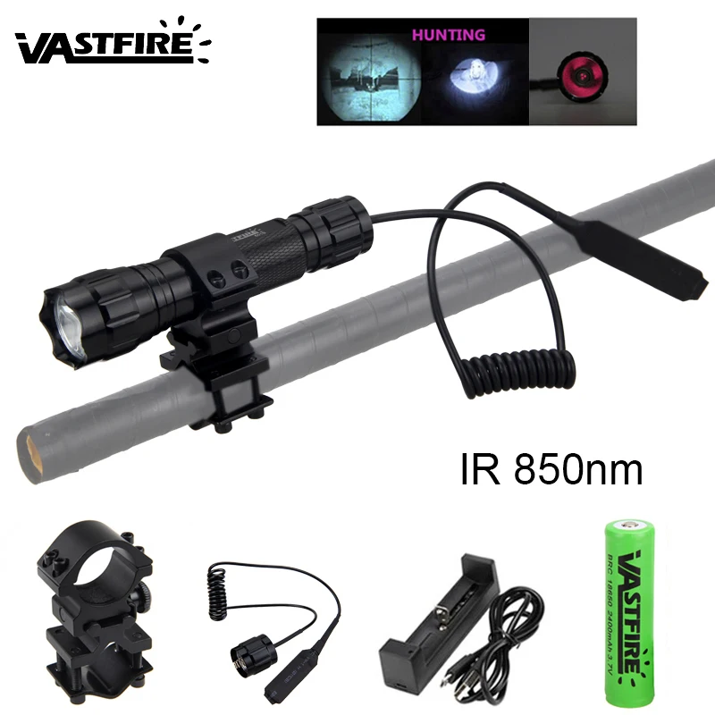 

5W 850nm LED Hunting Flashlight Infrared Radiation IR Night Vision Tactical Lantern+18650 Battery+USB Charger+Rifle Scope Mount