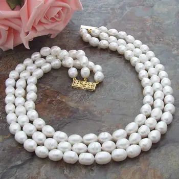 

3 Strands 9-10mm White Rice freshwater Pearl Necklace