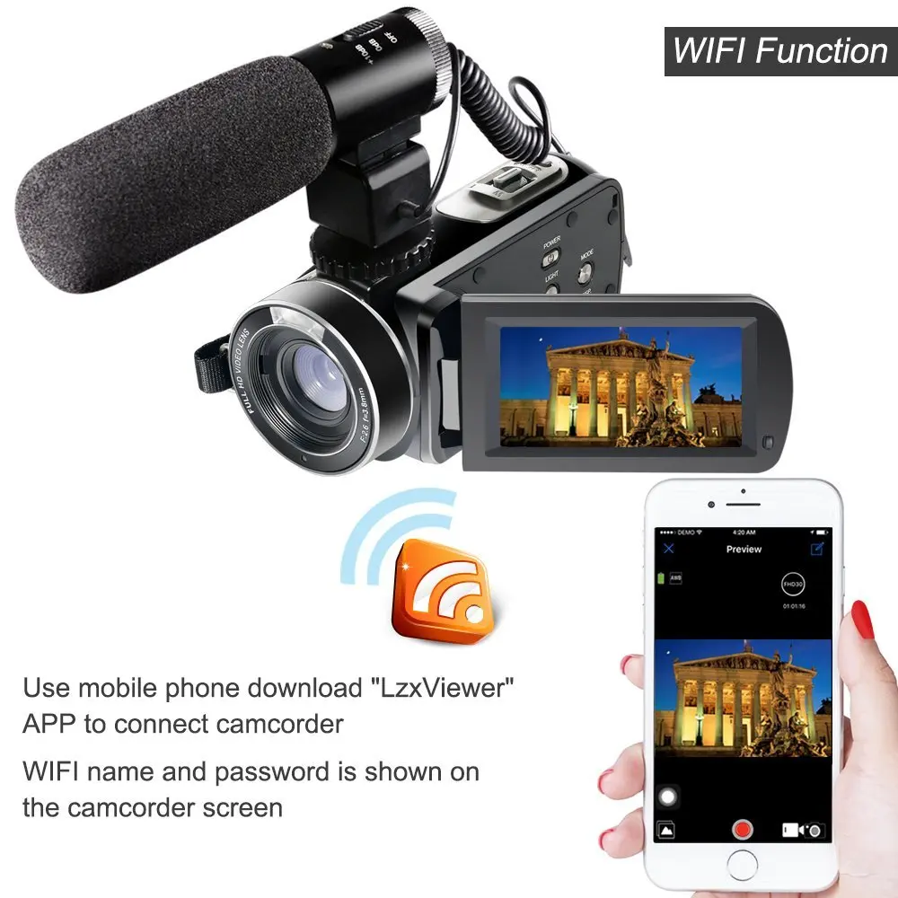 Full HD 1080P 30FPS Wifi Camcorder Portable Digital Video Camera with External Microphone 3.0inch LCD Touchscreen Video Recorder