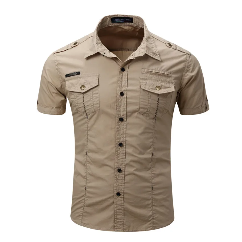 Military Style Army Shirt Short Sleeve Men Summer Dress Solid Color
