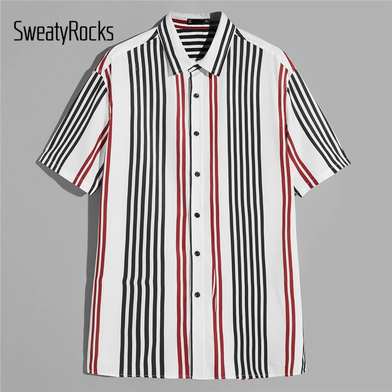

SweatyRocks Men Stripe Print Buttoned Shirt Streetwear Vacation Shirts Fashion Clothing 2019 Summer Short Sleeve Male Shirt