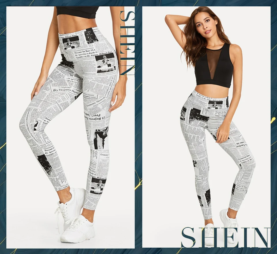 SHEIN Легинсы С Газетным Принтом, Стильные Спортивные Легинсы С Графическим Принтом