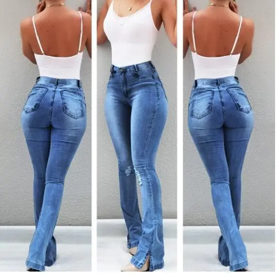 jeans woman new Retro wash elastic hips South American style wide leg flare plus size women jeans - Color: 02